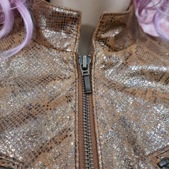 Y2K  Metallic Snake Print Leather Moto Jacket Womens Size M Tan Beige - Picture 4 of 12